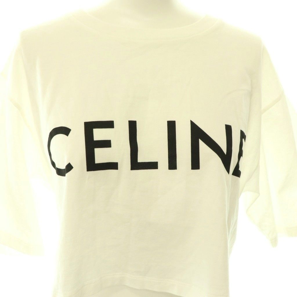 Celine Logo Cropped T-Shirt Short Sleeve S White Black DO — view 4