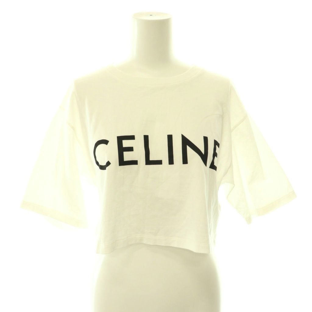 Celine Logo Cropped T-Shirt Short Sleeve S White Black DO