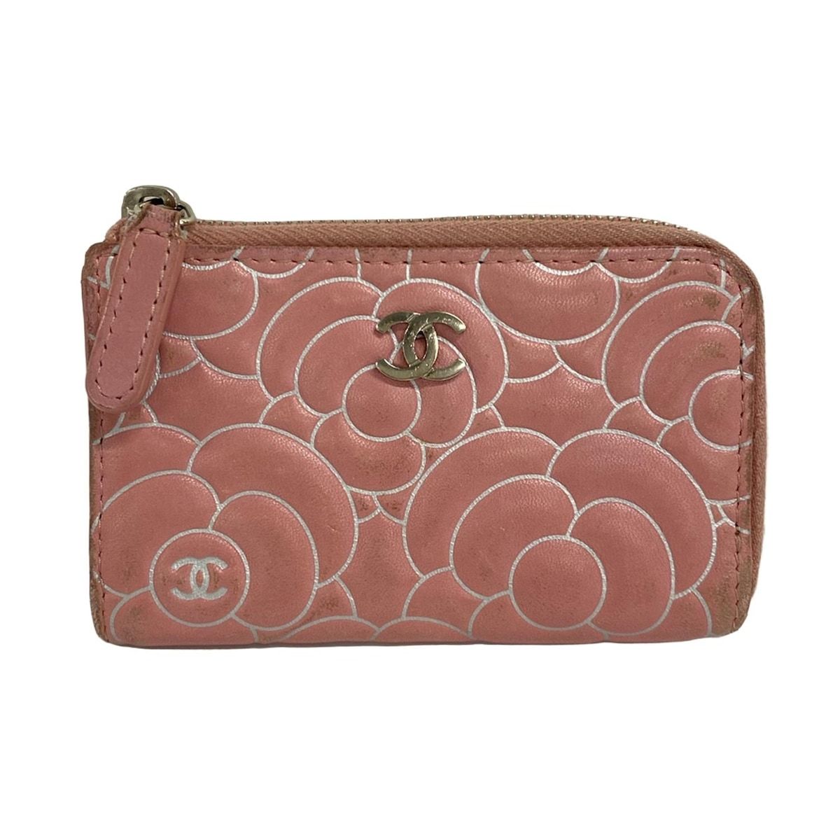 Chanel Coin Case Camellia Pink White Silver L-Shaped Zipper Lambskin