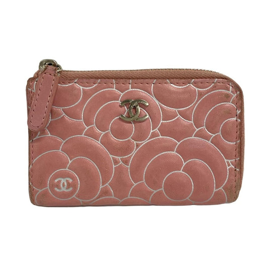 Chanel Coin Case Camellia Pink White Silver L-Shaped Zipper Lambskin