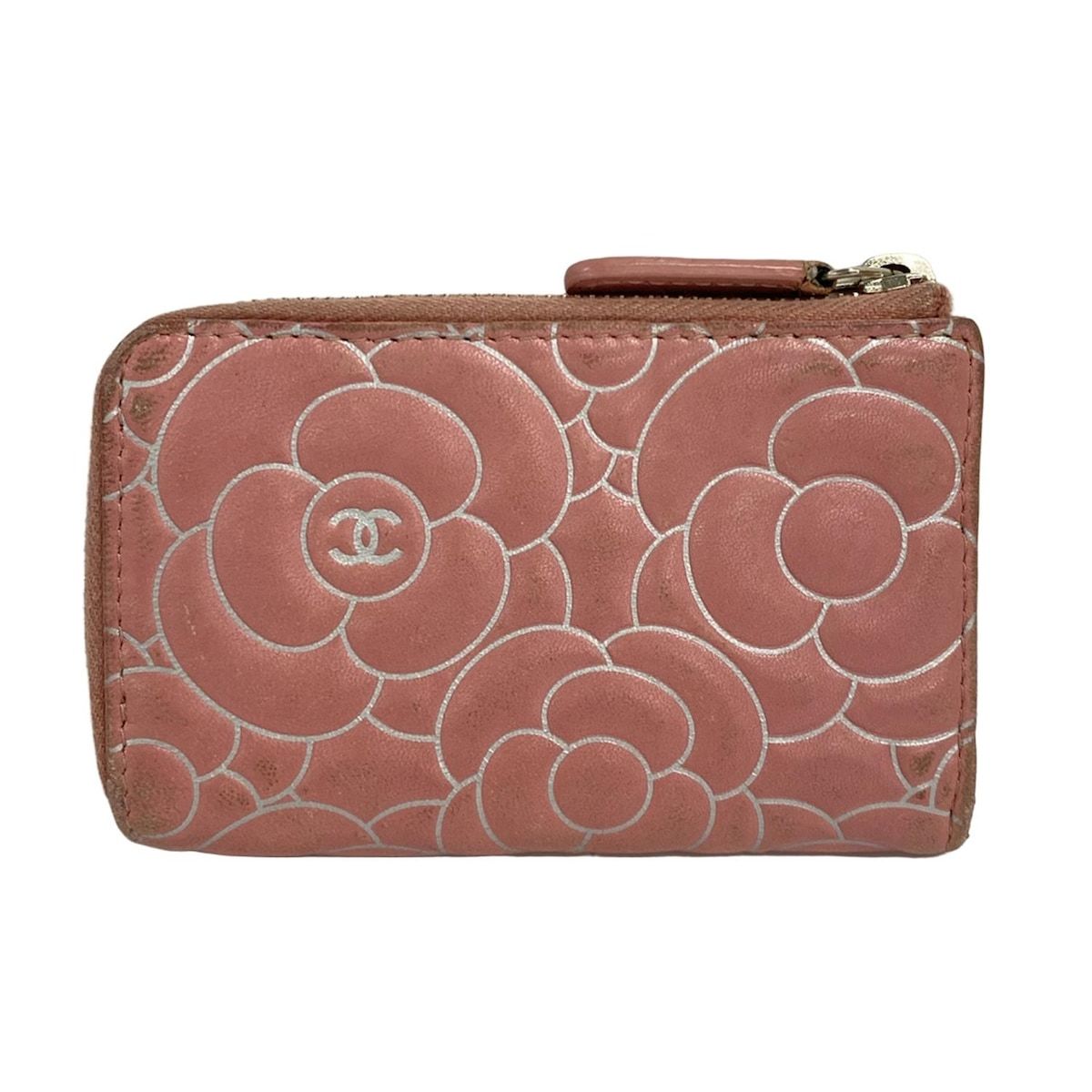 Chanel Coin Case Camellia Pink White Silver L-Shaped Zipper Lambskin — view 2