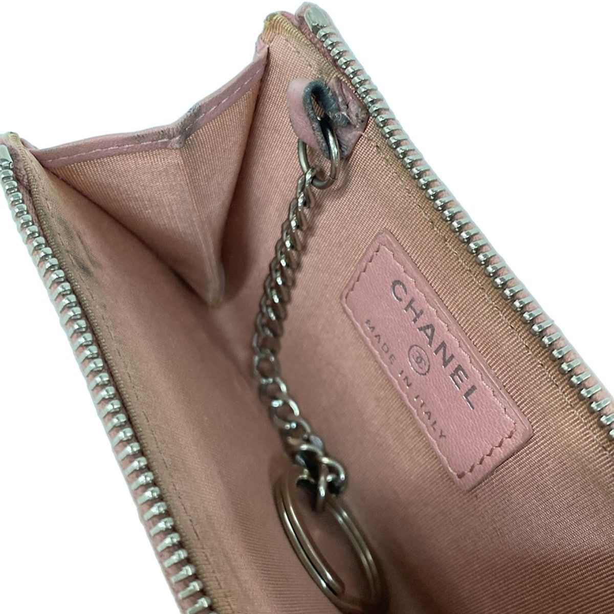 Chanel Coin Case Camellia Pink White Silver L-Shaped Zipper Lambskin — view 4