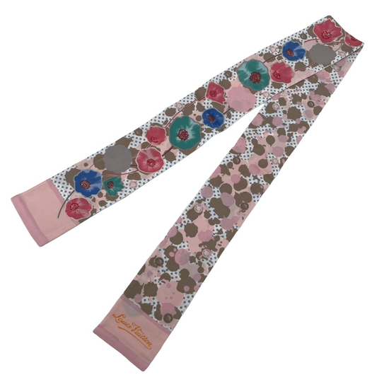 Louis Vuitton Flower Polka Dot Bandeau Scarf Silk Twilly Pink