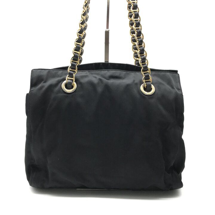 Prada Triangle Logo Nylon Tessuto Chain Shoulder Tote Bag Black Purse — view 3
