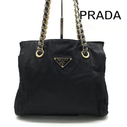 Prada Triangle Logo Nylon Tessuto Chain Shoulder Tote Bag Black Purse
