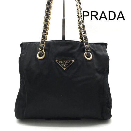 Prada Triangle Logo Nylon Tessuto Chain Shoulder Tote Bag Black Purse
