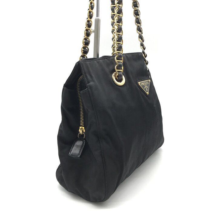 Prada Triangle Logo Nylon Tessuto Chain Shoulder Tote Bag Black Purse — view 2