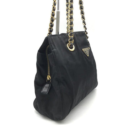 Prada Triangle Logo Nylon Tessuto Chain Shoulder Tote Bag Black Purse — view 2