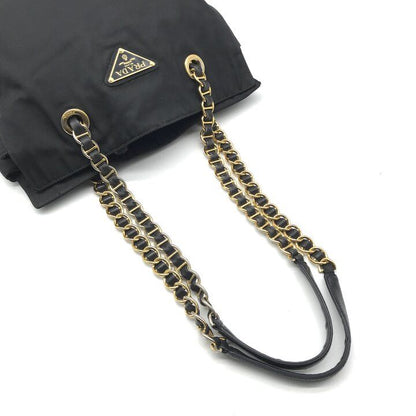 Prada Triangle Logo Nylon Tessuto Chain Shoulder Tote Bag Black Purse — view 7