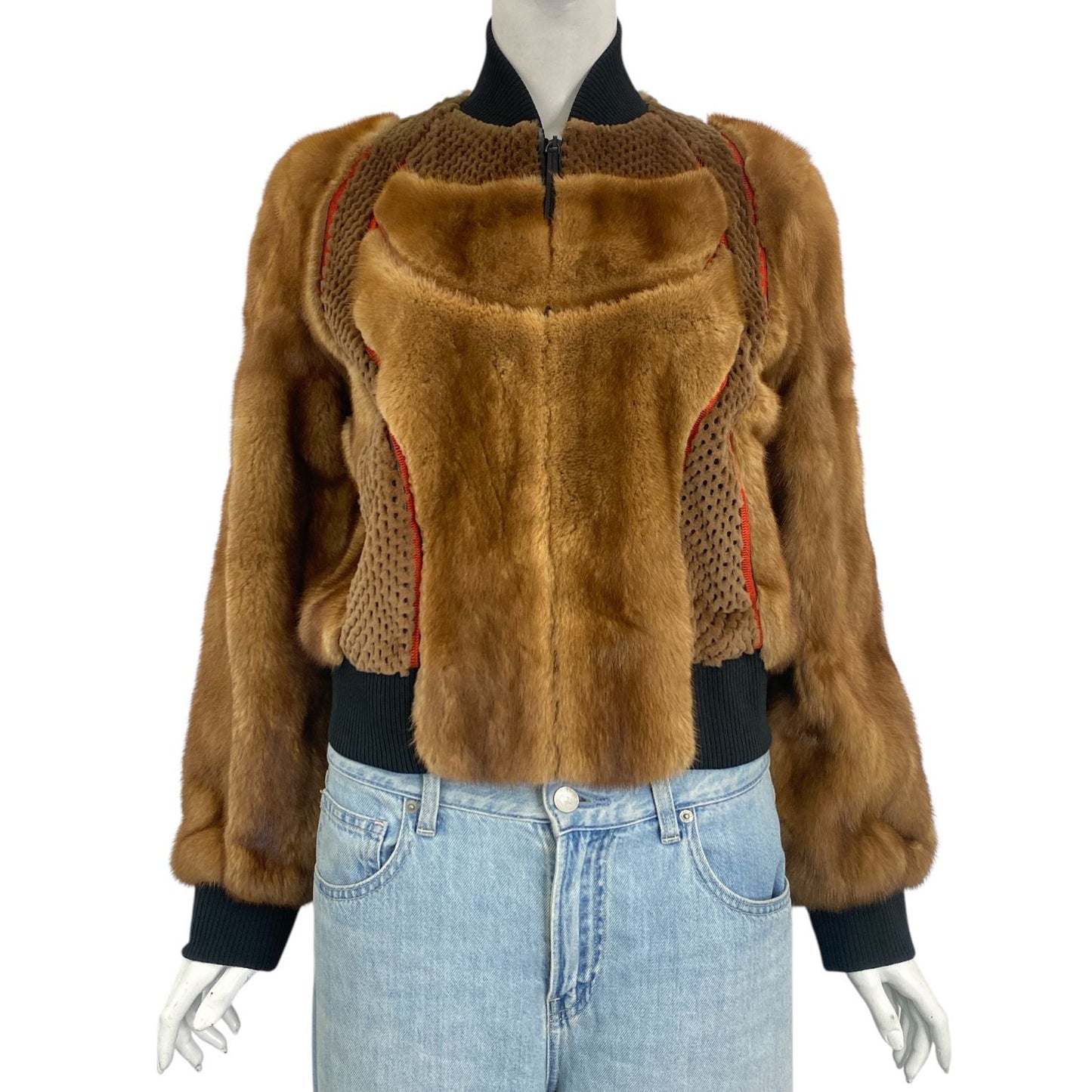 Fendi Jacket FF Logo Leathe Silk Fur Brown 38