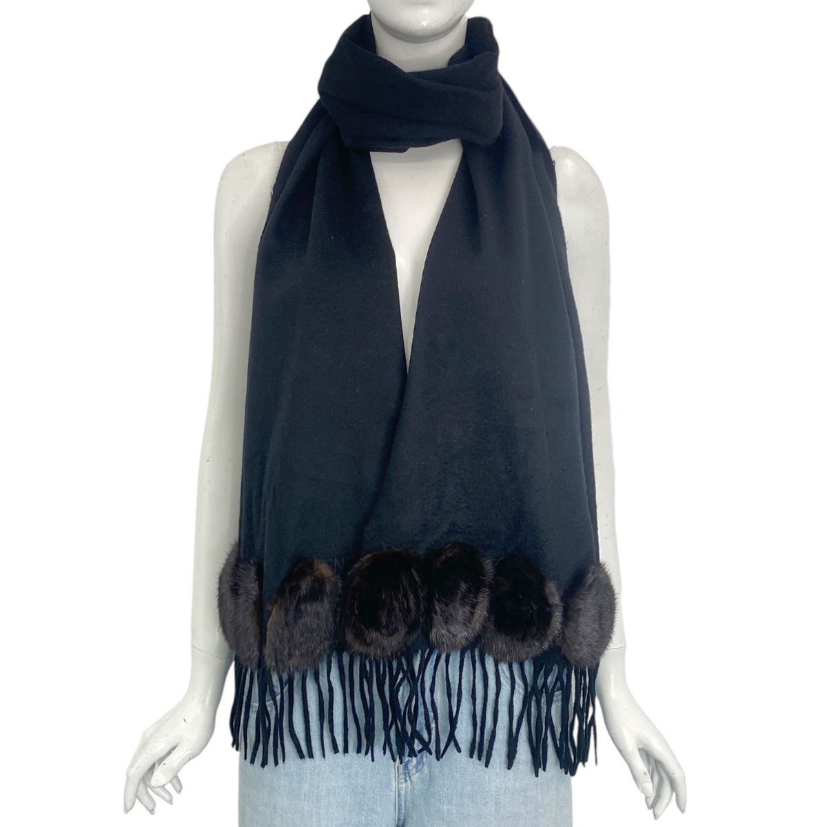 Fendi Scarf Large Shawl Cashmere Silk Fur Embroidery Logo Fringe Black