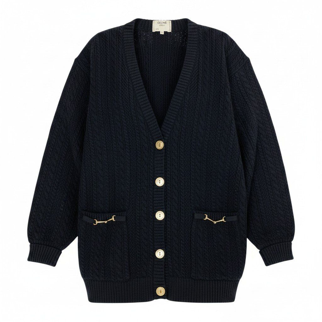 Celine Vintage Knit Cardigan Cable Gold Button 42 Black Wool