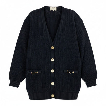 Celine Vintage Knit Cardigan Cable Gold Button 42 Black Wool