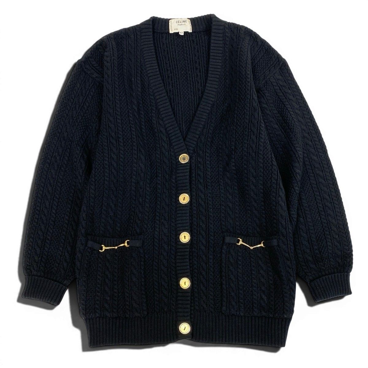 Celine Vintage Knit Cardigan Cable Gold Button 42 Black Wool — view 2