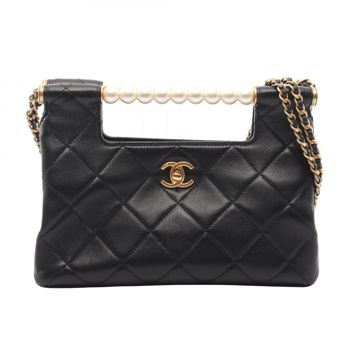 Chanel Shoulder Bag Quilted Pearl Handle 2-Way Black Lambskin Small Shopping