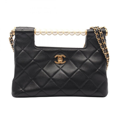 Chanel Shoulder Bag Quilted Pearl Handle 2-Way Black Lambskin Small Shopping