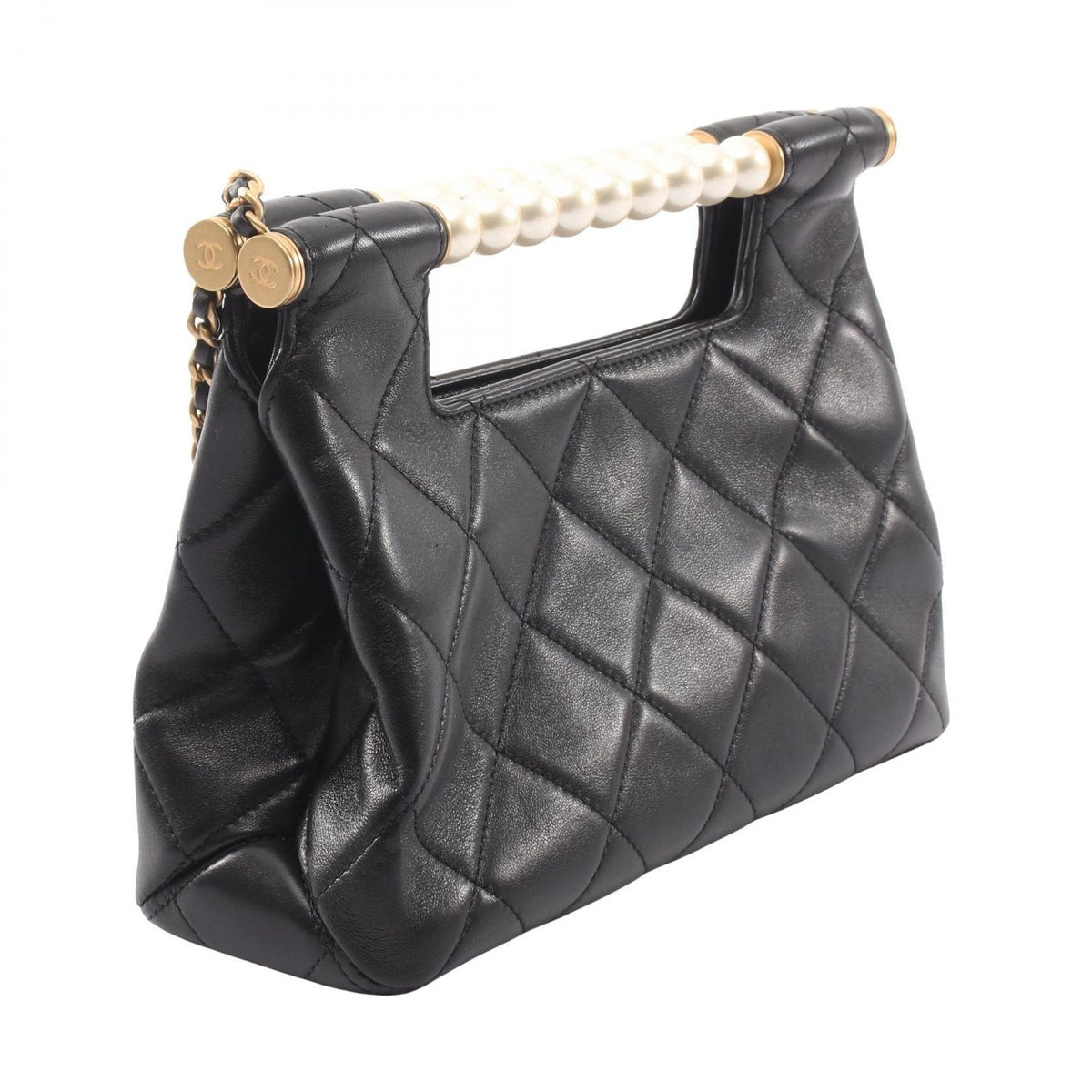 Chanel Shoulder Bag Quilted Pearl Handle 2-Way Black Lambskin Small Shopping — view 2