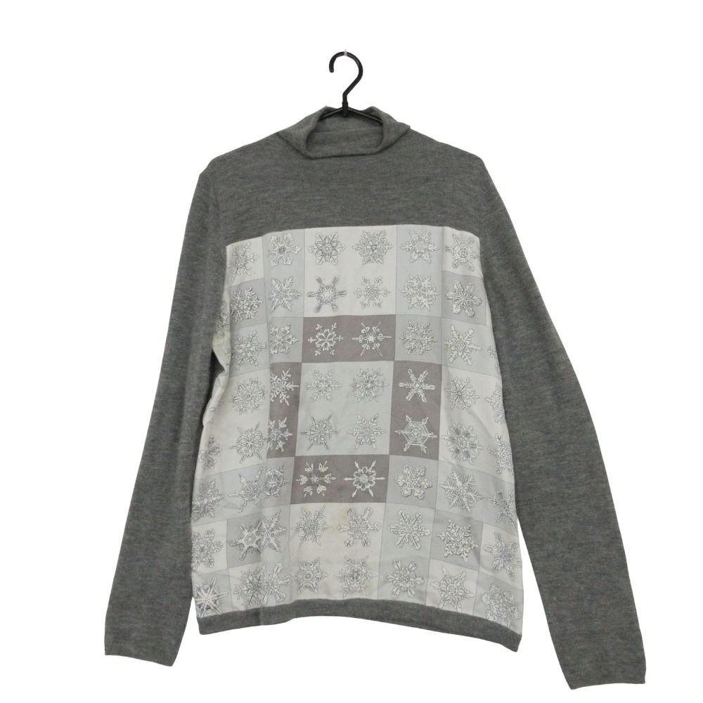 Hermes Knit Nordic Pattern High Neck Sweater Pullover Top Gray White XL