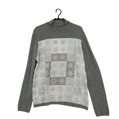 Hermes Knit Nordic Pattern High Neck Sweater Pullover Top Gray White XL