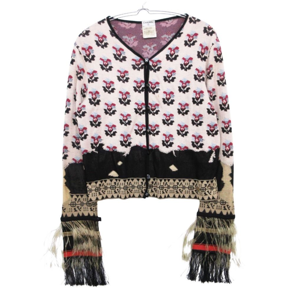 Chanel Cardigan Knit Jacket Neck Long Sleeve Fringe Feather Decoration CC Logo