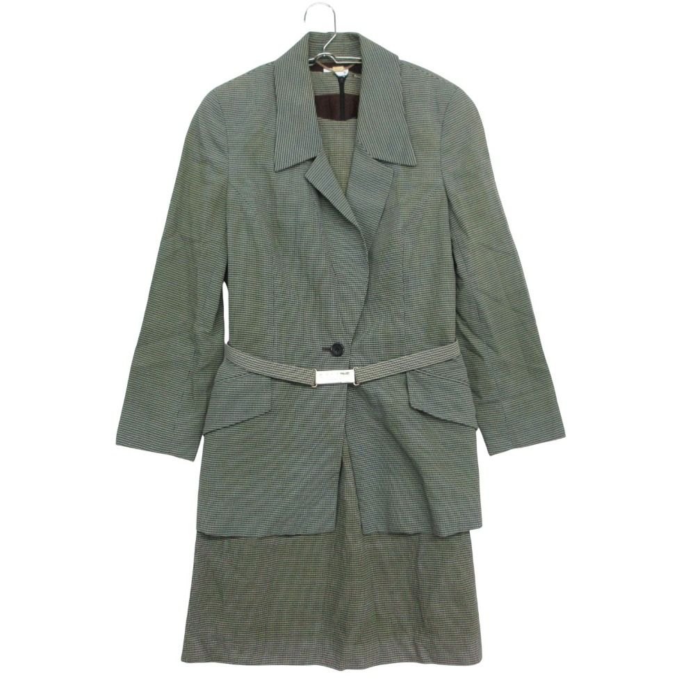 Celine Suit Set Dress Teil Jacket Houndstooth Logo Plate with Belt Vintage Black