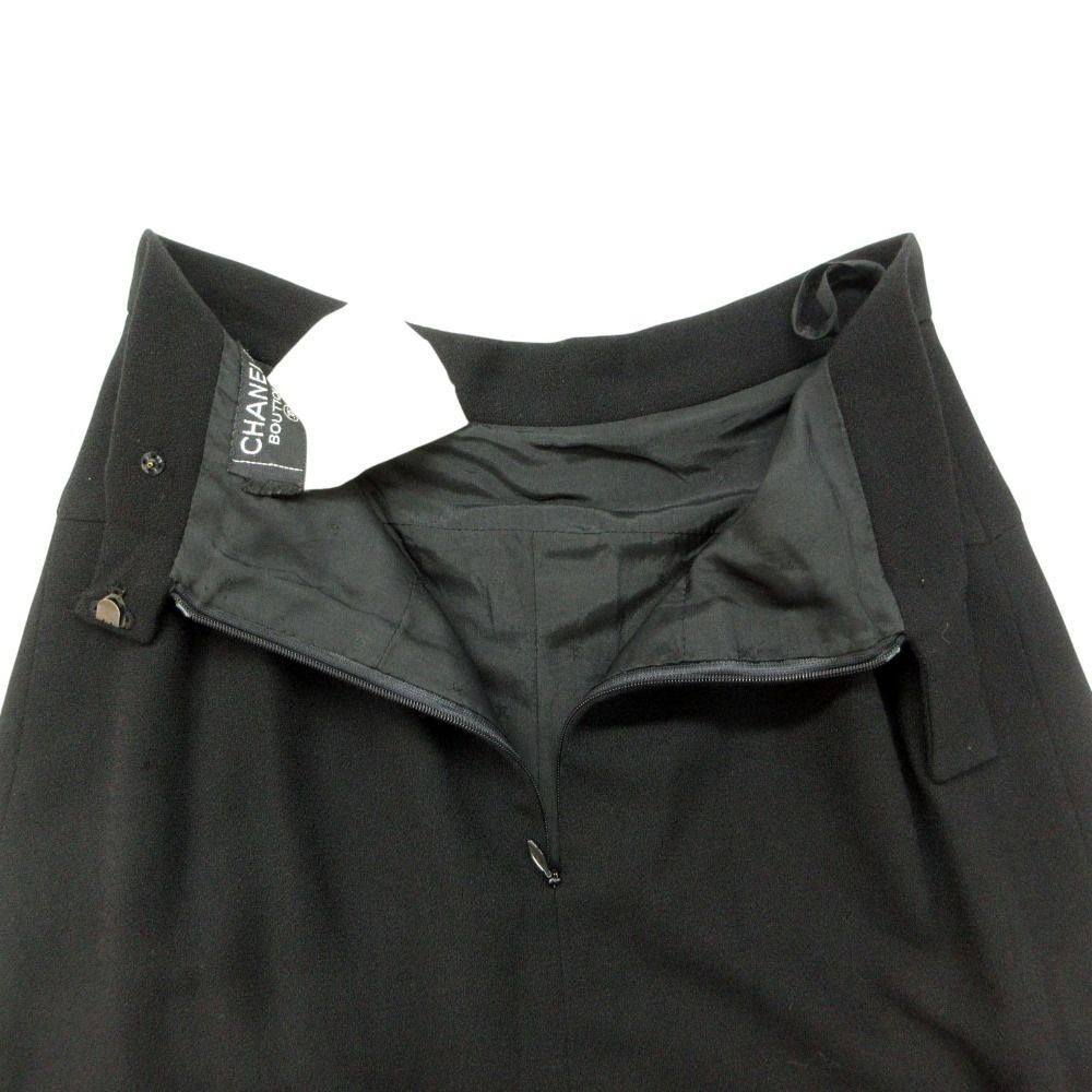 Chanel Skirt Tuck Slit Knee Length Wool Vintage Black — view 4