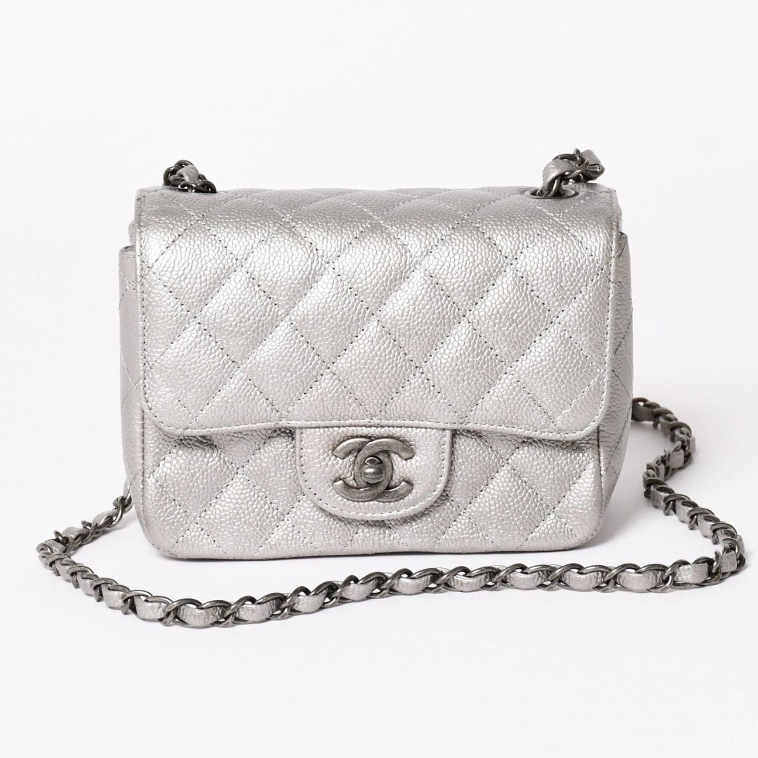 Chanel Mini Quilted 17 S Flap S Chain Shoulder Bag CC Logo Caviar Leather Silver