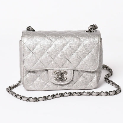 Chanel Mini Quilted 17 S Flap S Chain Shoulder Bag CC Logo Caviar Leather Silver
