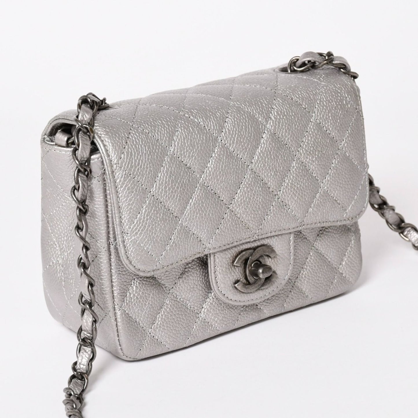 Chanel Mini Quilted 17 S Flap S Chain Shoulder Bag CC Logo Caviar Leather Silver — view 3