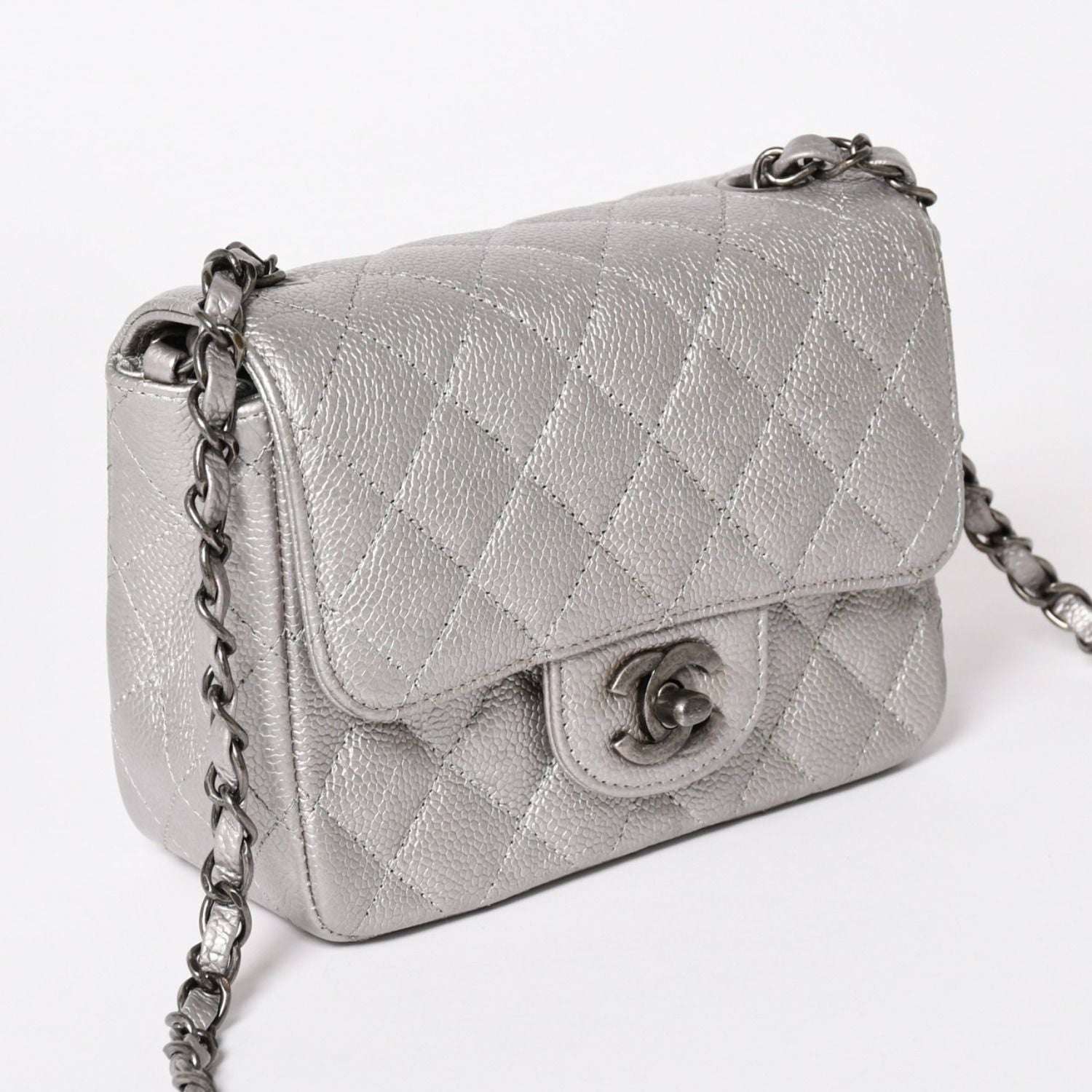 Chanel Mini Quilted 17 S Flap S Chain Shoulder Bag CC Logo Caviar Leather Silver — view 3