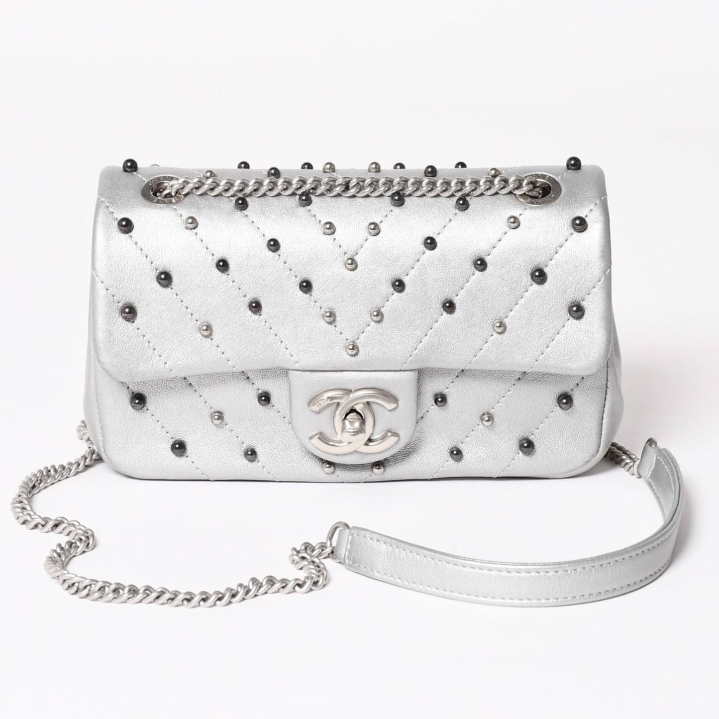 Chanel Chevron Stud Wars Chain Shoulder Bag CC Logo Calfskin Silver