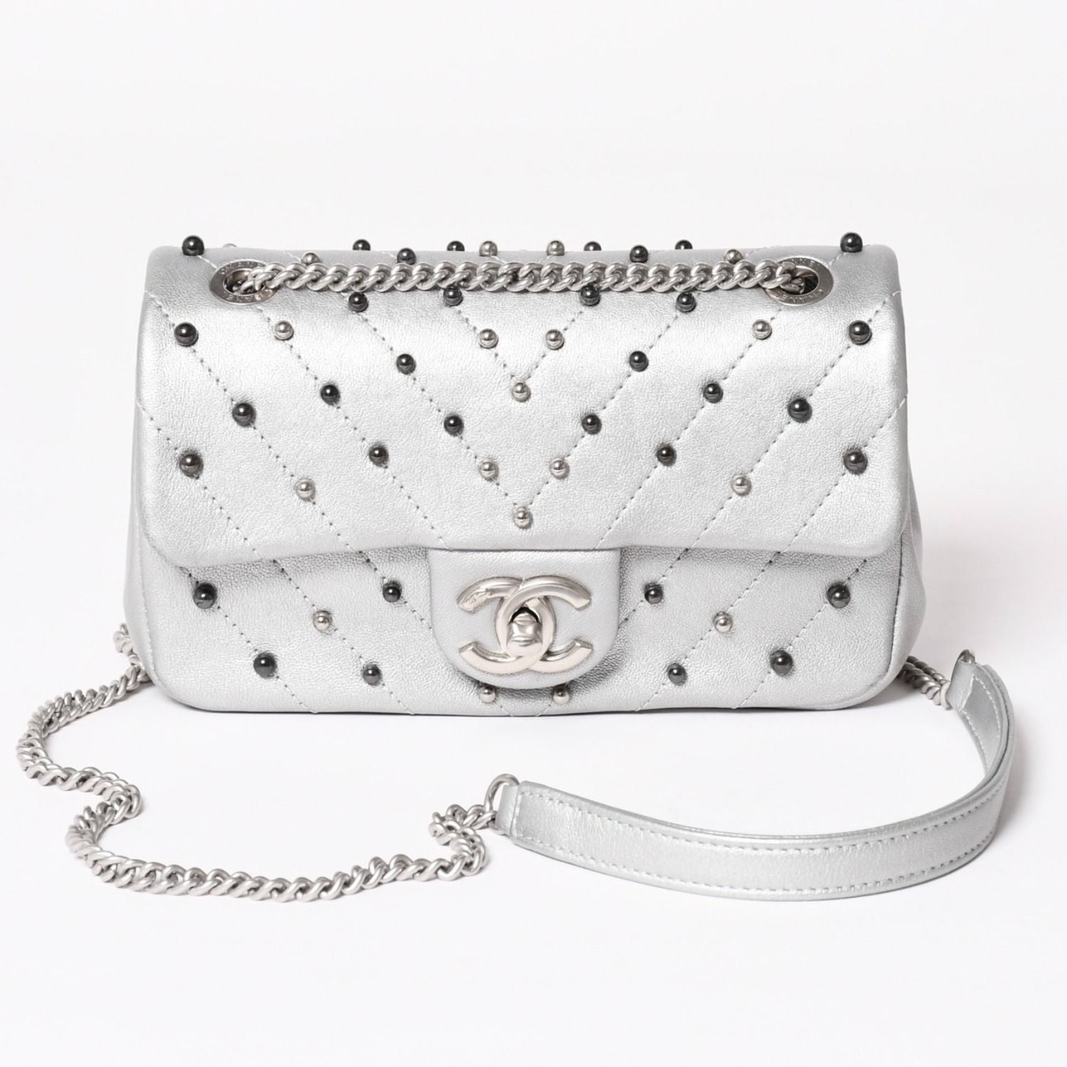Chanel Chevron Stud Wars Chain Shoulder Bag CC Logo Calfskin Silver