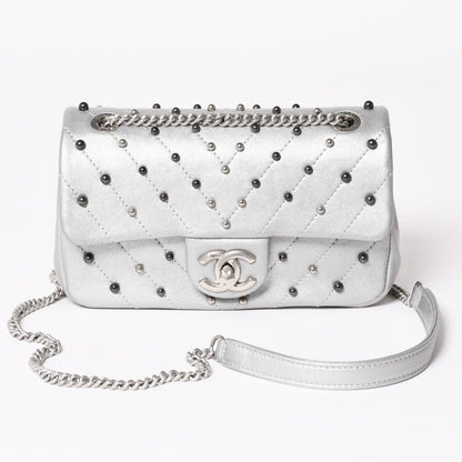 Chanel Chevron Stud Wars Chain Shoulder Bag CC Logo Calfskin Silver