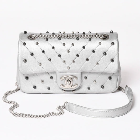 Chanel Chevron Stud Wars Chain Shoulder Bag CC Logo Calfskin Silver