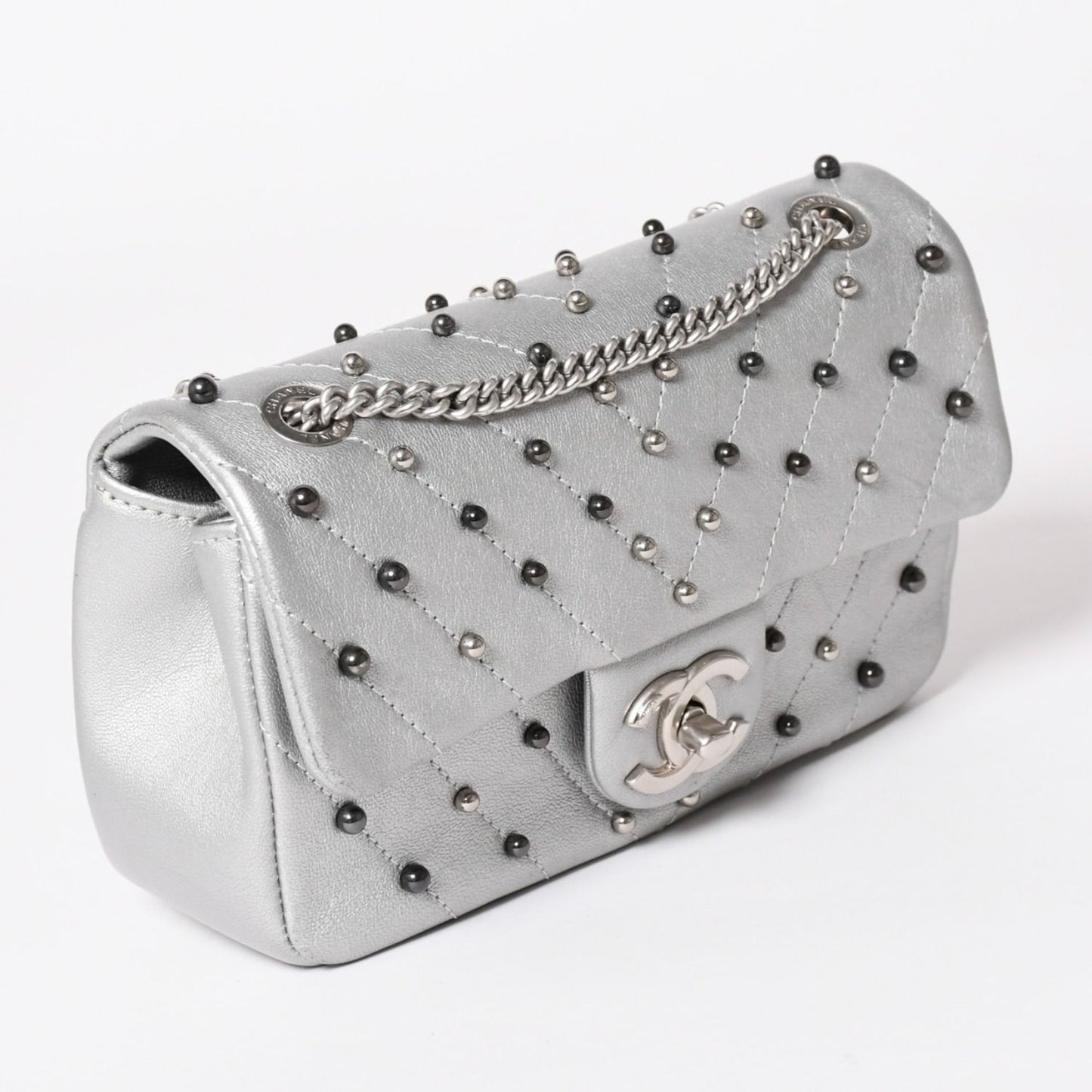 Chanel Chevron Stud Wars Chain Shoulder Bag CC Logo Calfskin Silver — view 3