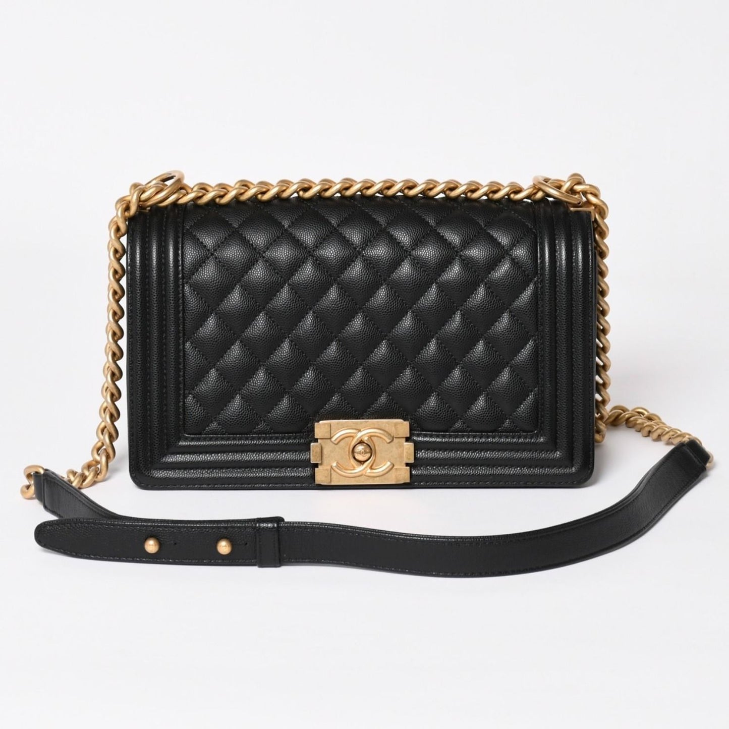 Chanel Boy 25 Medium Chain Shoulder Bag CC Logo Caviar Leather Black