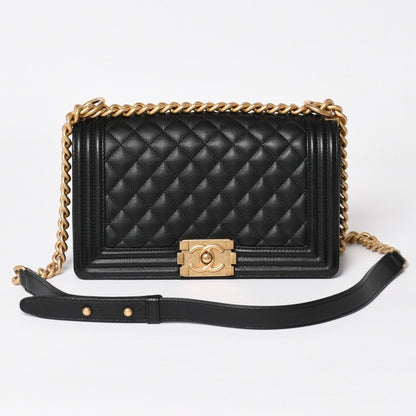 Chanel Boy 25 Medium Chain Shoulder Bag CC Logo Caviar Leather Black