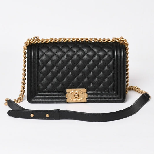 Chanel Boy 25 Medium Chain Shoulder Bag CC Logo Caviar Leather Black