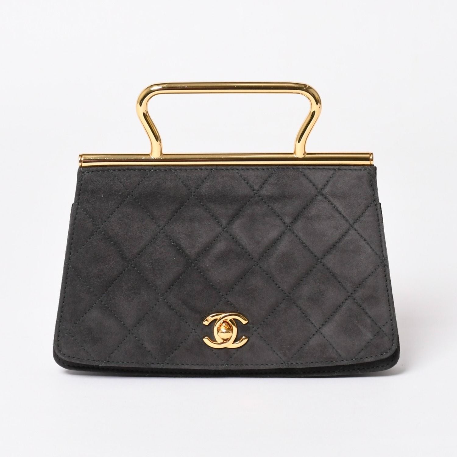 Chanel Top Handle Handbag CC Logo Suede Turnlock Dark Gray Gold