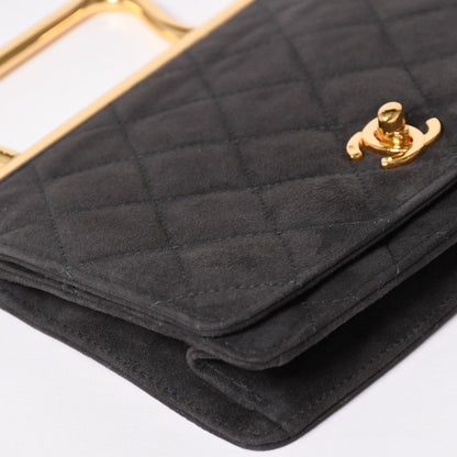 Chanel Top Handle Handbag CC Logo Suede Turnlock Dark Gray Gold — view 6