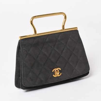 Chanel Top Handle Handbag CC Logo Suede Turnlock Dark Gray Gold — view 3
