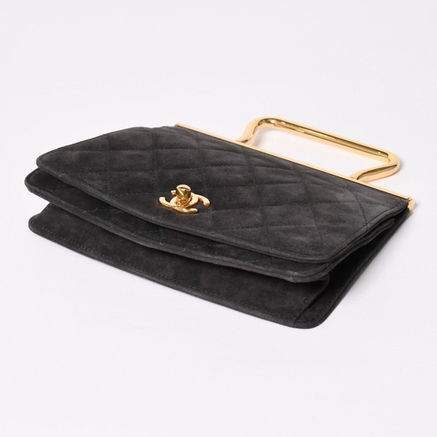Chanel Top Handle Handbag CC Logo Suede Turnlock Dark Gray Gold — view 4