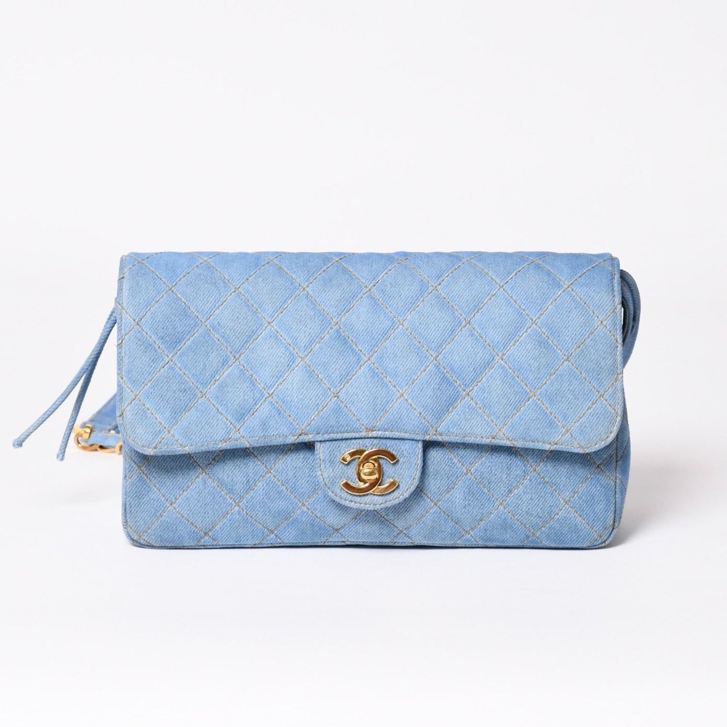 Chanel Quilted Denim Backpack Turnlock Indigo Blue Gold