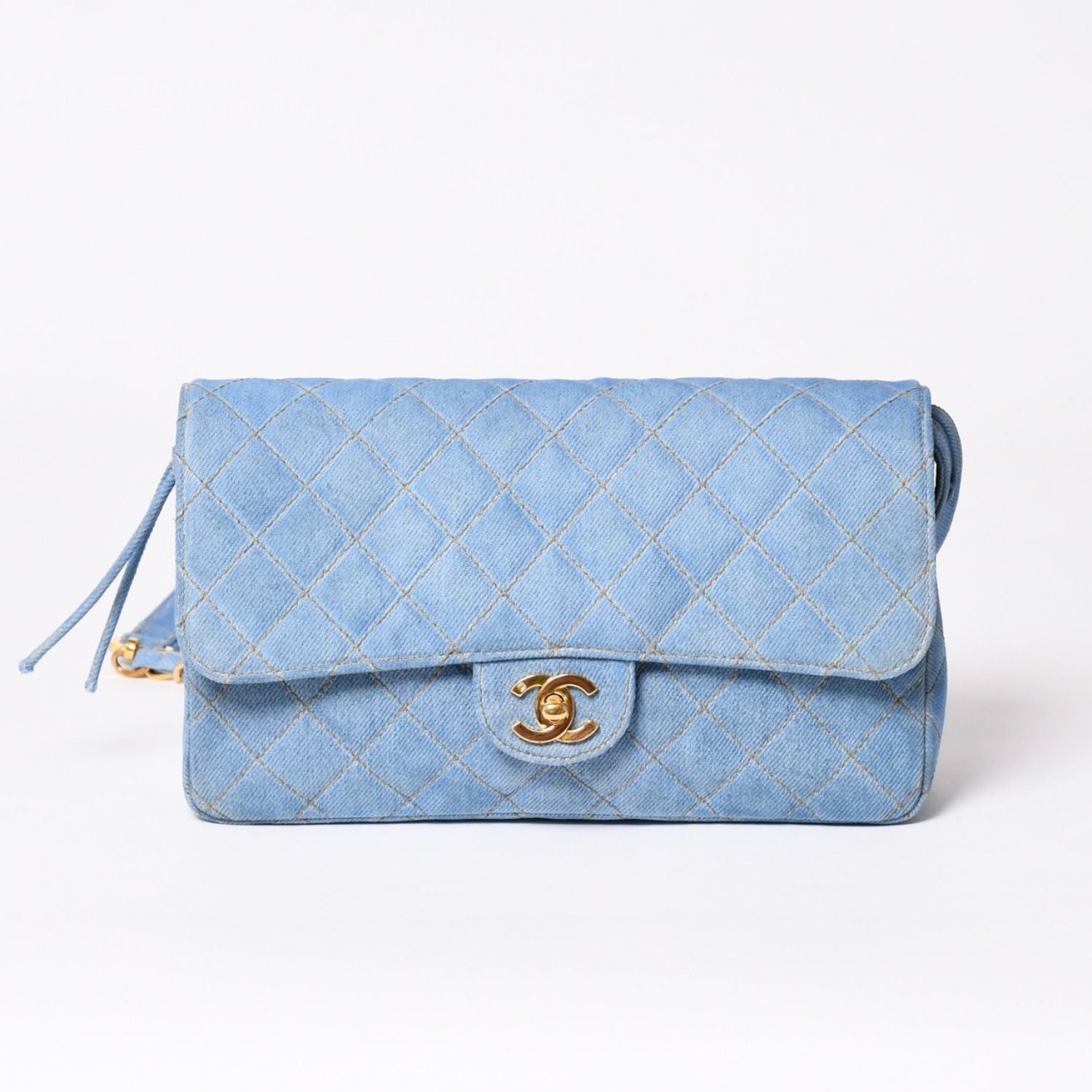 Chanel Quilted Denim Backpack Turnlock Indigo Blue Gold