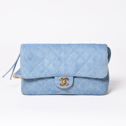Chanel Quilted Denim Backpack Turnlock Indigo Blue Gold