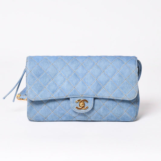 Chanel Quilted Denim Backpack Turnlock Indigo Blue Gold