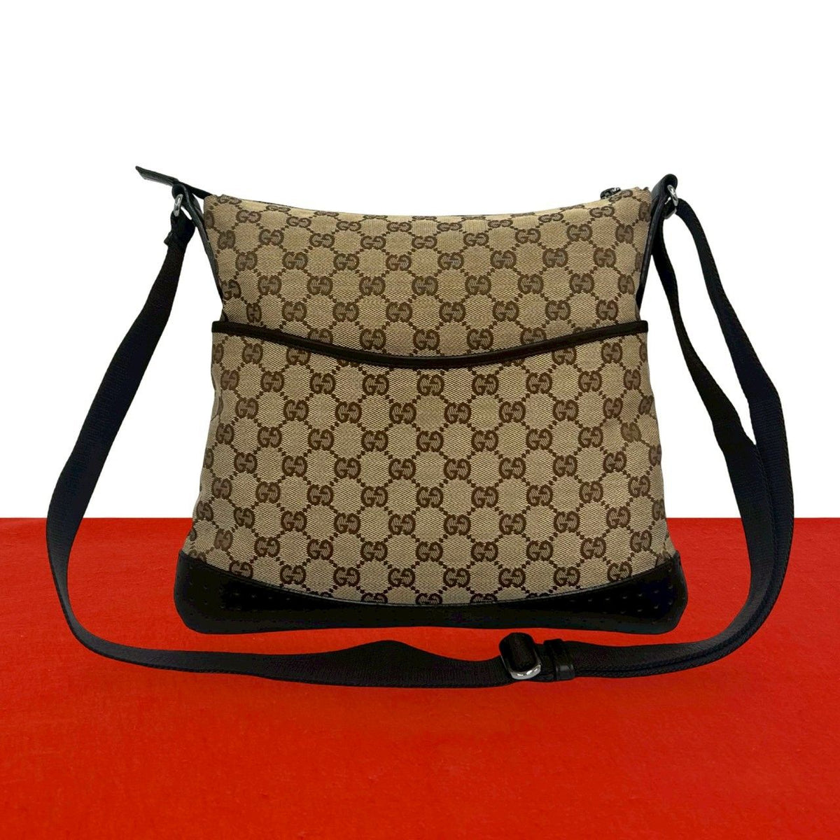 Gucci GG Monogram Canvas Perforated Leather Shoulder Bag Crossbody Brown Beige