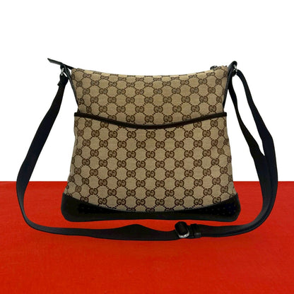 Gucci GG Monogram Canvas Perforated Leather Shoulder Bag Crossbody Brown Beige