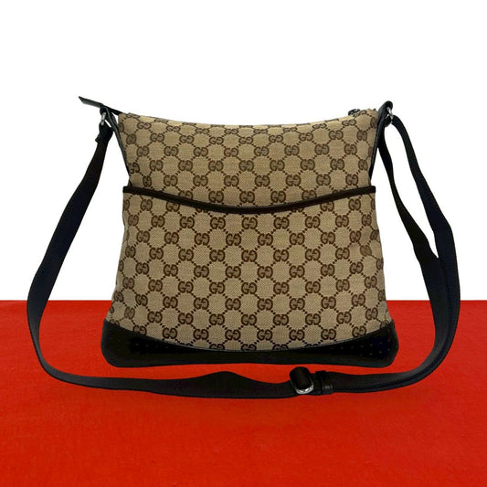 Gucci GG Monogram Canvas Perforated Leather Shoulder Bag Crossbody Brown Beige