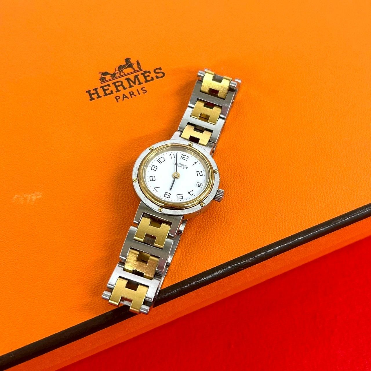 Hermes Vintage Clipper Log Stainless Steel Watch Wrist Silver Gold